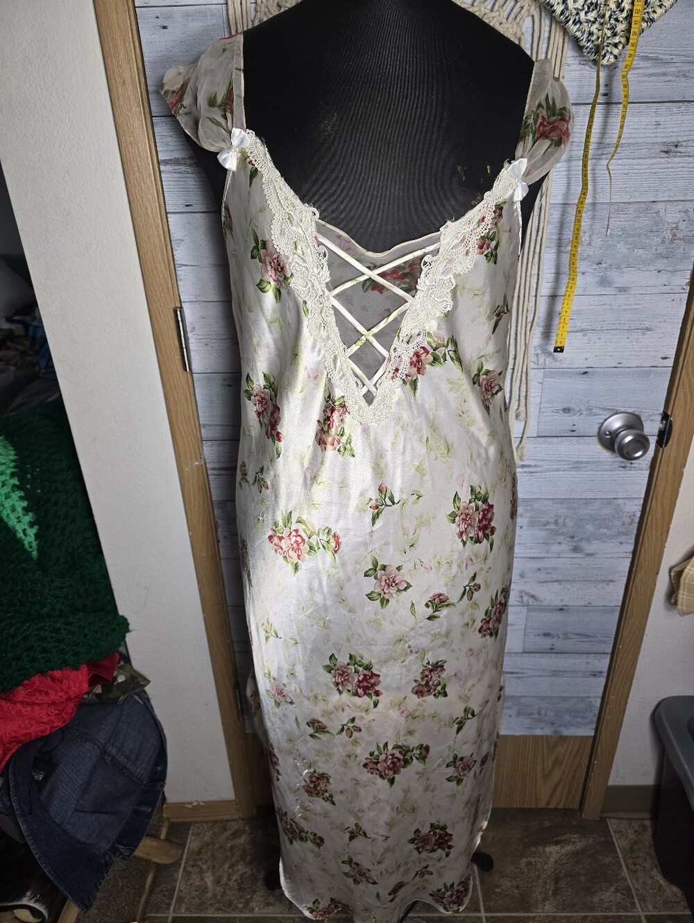 Vtg 90's Floral Lace-Trim Satin Slip Dress Romantic Cottagecore Coquette